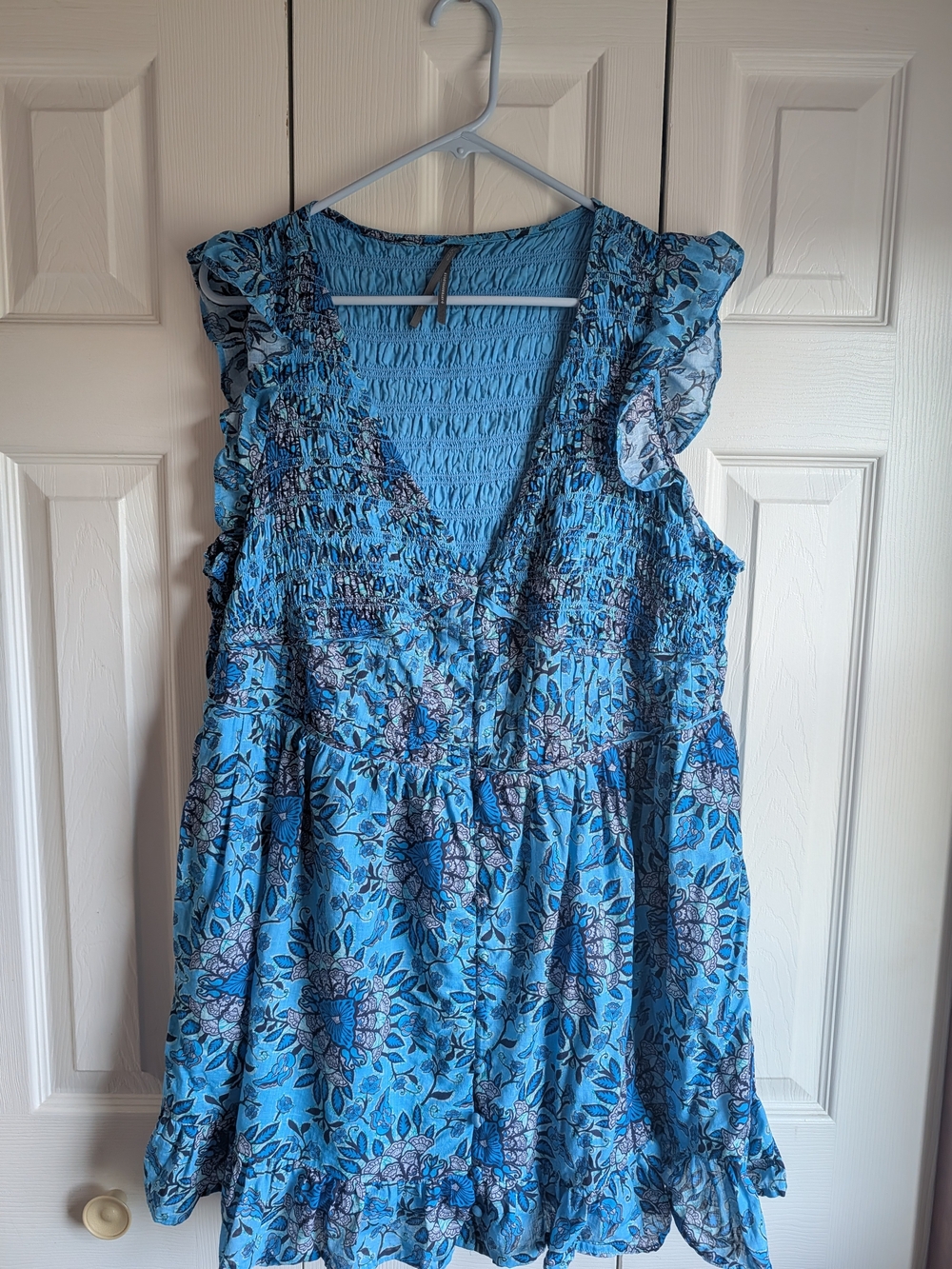 Anthropologie Blue Floral Smocked Mini Dress